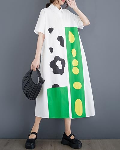 Image of ellazhu Women's Dress Loose Color Block Short Sleeve Button Down Mock Neck Shirt Dots Flower GZ211