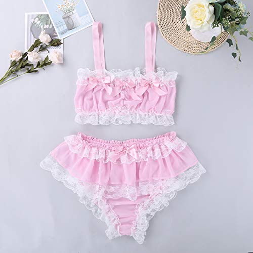 Choomomo Men's Sissy Lingerie Set Ruffled Lace Chiffon Crop Top Skirted Panties Crossdress Pajamas3