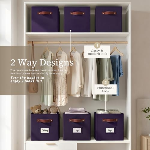 Image of DECOMOMO Storage Bins, Cube Storage Bin with Labels, Fabric Storage Cubes for Shelves (10.5 inch x 11 inch / 6pcs, Deep Violet)