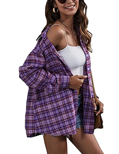 Image of HangNiFang Womens Flannel Plaid Shirts Oversized Button Shirts Blouse Tops