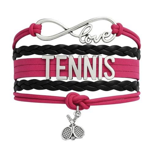 Tennis Bracelet – Infinity Love Tennis Jewelry with Racket Charm – Pink & Black Braided Wrap Wristband – Adjustable Gift for Tennis Players, Teens & Coaches