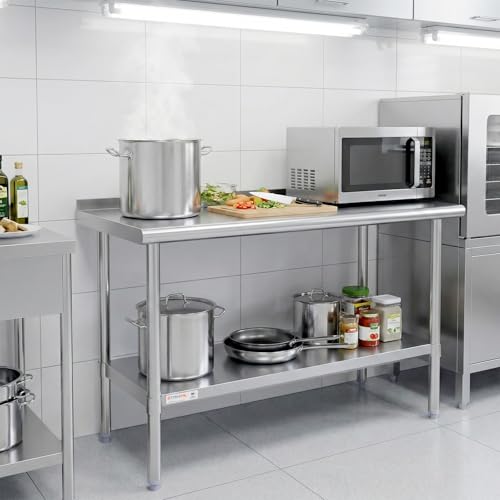 Image of STABLEINK NSF Stainless Steel Table 48x24 Inches 4ft, Metal Prep & Work Table with Backsplash and Adjustable Undershelf, for Commercial Kitchen, Restaurant, Hotel, Laundry and Garage