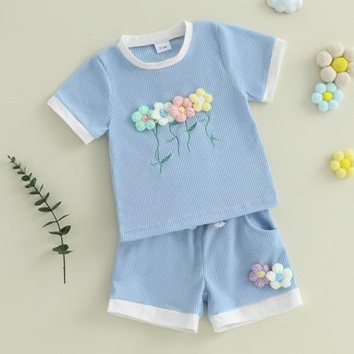Toddler Baby Girl Clothes Waffle Knit Embroidered Short Sleeve Shirt Shorts Cute Boho Summer Outfit Clothing Set3