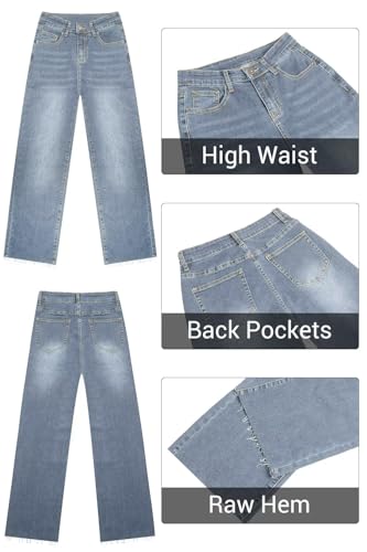 KDF Straight Leg Jeans for Women High Waisted Jeans Frayed Baggy Pants Raw Hem Loose Stretchy Cropped Wide Leg Jeans - Image 6