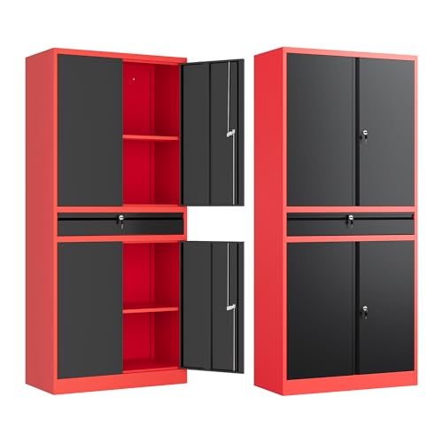 Image of Letaya Metal Garage Storage Cabinet with Drawer,4 Door Tool Cabinet with Adjustable Shelves for Garage Home Office Utility Room (Red)