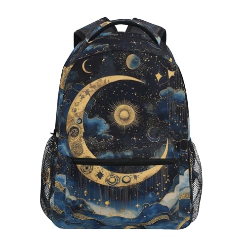 Golden Moon Stars Clouds Boho Backpack Laptop Tablet Travel School Bookbag with Name Tag for Boys Girls