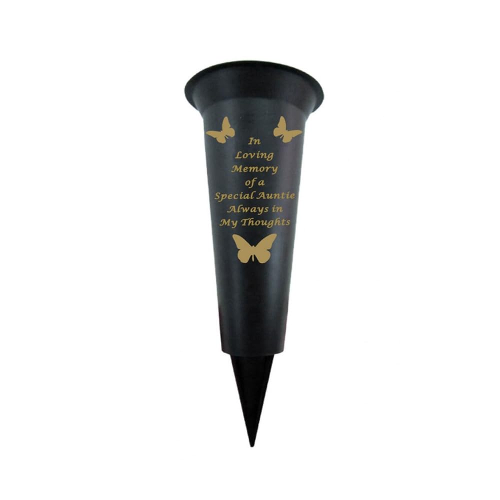 Memorial Grave Vases Ornaments Plastic Flower Holders - Butterfly Spike Grave Flower Vase Holders with Funeral Verses for Your Loved Ones - Black (Auntie)