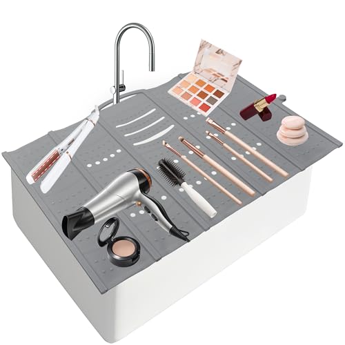 Mofason Large Bathroom Sink Makeup Mat Space Saver,Silicone Makeup Organizer Cover for Over Countertop,Small Bathroom Must Haves Accessories Rv Camper Travel Foldable Gadgets-Grey