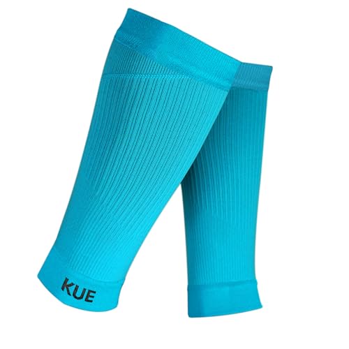 Image of KUE Compression Calf Sleeves for Running, Sports, & Medical Recovery | Graduated Support for Men & Women | Improves Blood Circulation, Pain Relief | UV Protection (Black, Blue, Grey, 3 Pairs, M)