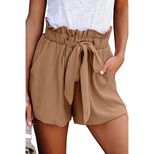 Yuzibao Womens High Waisted Paper Bag Shorts Ruffle Elastic Waist Bowknot Belted Summer Casual Shorts(Khaki,M) #TOP4