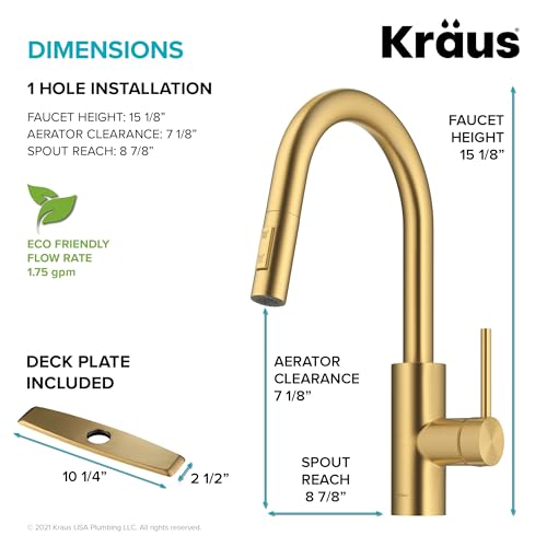 Image of KRAUS Oletto Single Handle Pull Down Kitchen Faucet with QuickDock Top Mount Installation Assembly in Spot-Free Brushed Brass, KPF-2620BB