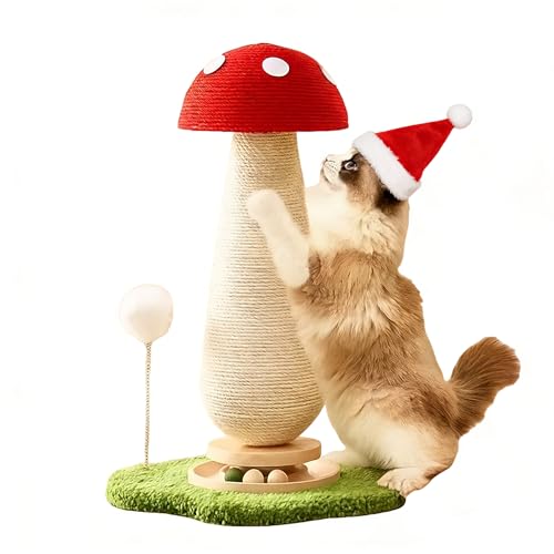 Sisal Mushroom Cat Scratchers Post Spring Ball Track,Scratcher for Indoor Adults Cats, Kitty Tree,Durable Toy,Kitten Tower with Durable Solid Wood,25.2''-Red