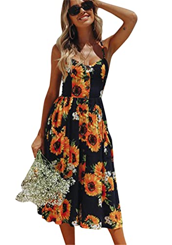 Image of YMING Womens Summer Spaghetti Strap Dresses Button Down Floral Sundress High Waist Swing Midi Dress with Pockets