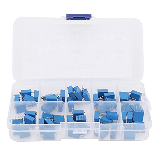 3296W Multiturn Trimmer Potentiometer Assortment Kit - 50 Pieces of Variable Resistor Components with 10 Values from 100 Ohm to 1 Megohm - Plastic Storage Case for PCB Resistance