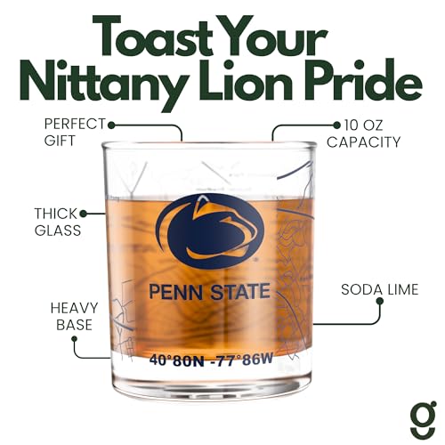 Image of Greenline Goods Penn State University Nittany Lions Whiskey Glasses Set of 2, 10 oz Rocks Glasses with Full-Color Logo & Campus Map - Officially Licensed Bourbon Glass Gift for Alumni & Fans