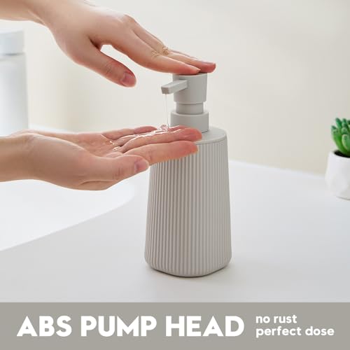 Image of Small Soap Dispenser for Bathroom and Kitchen, Modern Farmhouse Striped Style Plastic Hand Soap Dish Soap Dispenser with Pump Matte Beige