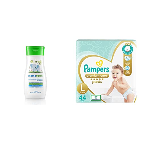 Image of Mamaearth Gentle Cleansing Shampoo for Babies (200 ml) and Pampers Premium Care Pants Diapers, Large, 44 Count