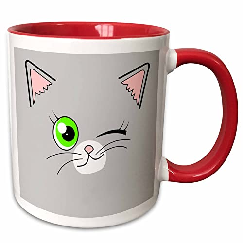 3dRose Cute Winking Cat Grey with Green Eyes 11oz Two-Tone Red Mug