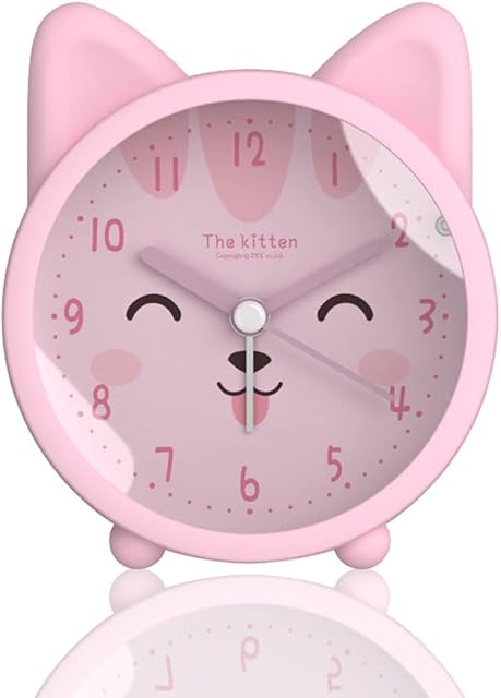 Cute Animal Alarm Clock for Kids, Non-Ticking Rabbit/Cat/Deer Clock, Desk Bedside Silent Alarm Clock with Backlight (Cat,Pink)