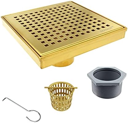Bernkot Square Shower Drain 6" Brushed Gold 304 Stainless Steel with Removal Drain Cover Hair Strainer Stainless Drain Hook for Bathroom