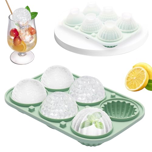 Luxoraiova Eiswürfelform Silikon, 6 Mulden Große Eiswürfelform Rund, Wiederverwendbar Eiswürfelbehälter mit Deckel und Trichter, BPA Frei, für Eis, Whiskey, Cocktail, Saft(Grün)