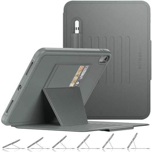 SEYMAC stock Case for iPad (A16) 11th/10th Generation 11/10.9'', Full-Body Drop Protection,[Stitched Slim Pencil Sleeve],Strong Magnetic Auto Sleep Case, Absorbing Multi-Angles Stand, Card Slot- Gray