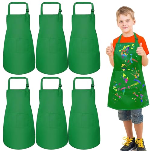 umboom 6 Piezas Delantales Verde para Niño, Delantal de Cocina para Niña, Ajustable Infantil Delantal con 2 Bolsillos, Escuela Delantales para Pintar, Hornear, Cocinar, Manualidades, Jardín