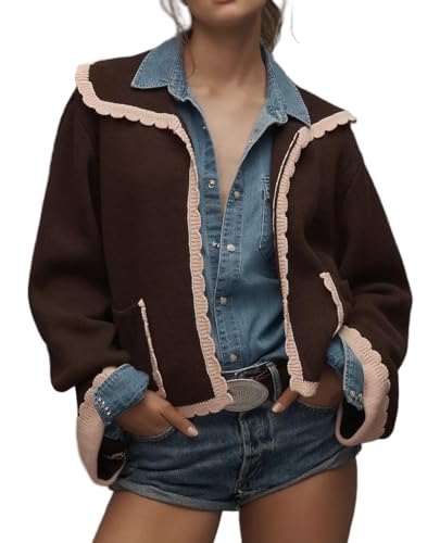 VAOYIU Contrast Trim Scalloped Knit Jacket Womens Cropped Collared Coat with Retro Charm Versatile Styling All Match