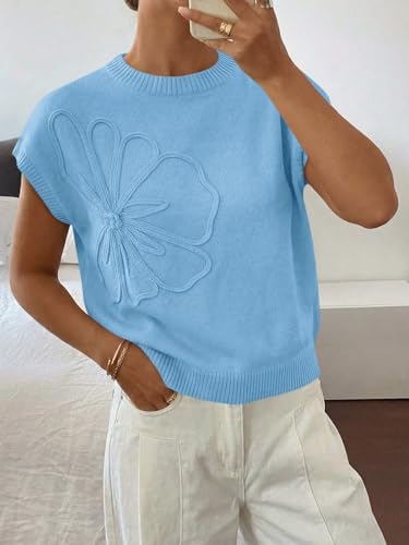 Saodimallsu Womens Short Sleeve Sweater Trendy Floral Pullover Sweaters Summer Casual Crewneck Lightweight Knit Tops Blue - 2