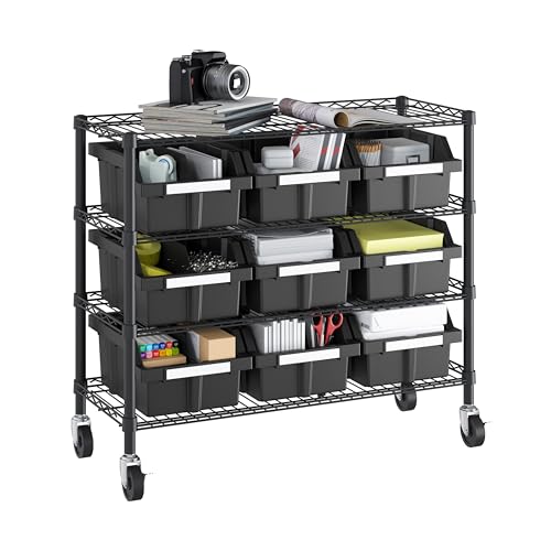 Image of 4-Tier NSF 9-Bin Steel Wire Shelving Rack, 36 inchW x 14 inchD x 31 inchH, Graphite | 9 slide-out bins with tilt-lock design keep supplies organized and accessible