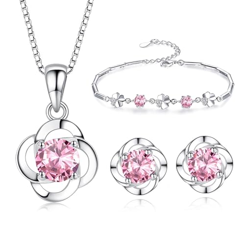 Collar de trébol de plata con pendientes y pulsera Kamise para realzar tu estilo diario y eventos