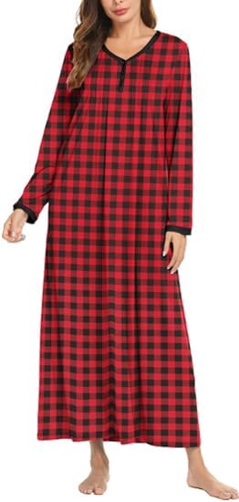 Ekouaer Women's Long Sleeve Nightgown Full Length Sleepwear Long Sleepshirts Henley Sleep Dress S-4XL