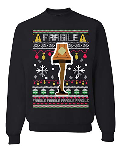 Fragile Leg Lamp Christmas Story Funny Xmas | Mens Ugly Christmas Sweater Crewneck Graphic Sweatshirt, Black, Large