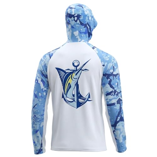 LOOGU Men's UPF 50+ Sun Protection Hoodie Shirt Long Sleeve Rash Guard SPF T-Shirts for Fishing Hiking Ocean Camo Marlin 3X-Large