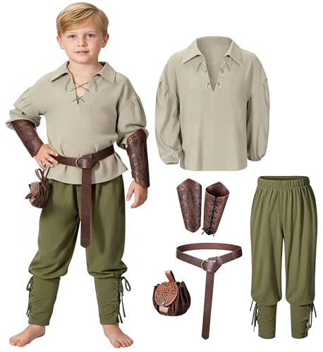 Image of Kids Medieval Viking Pirate Renaissance Tunic Pants Accessories Costume for Boys Cosplay 3-14 Years