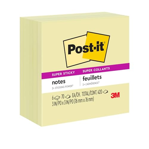 Image of Post-it Notes, Super Sticky Pad, 3 Inches x 3 Inches, Canary Yellow, 65 Sheets per Pad, Six Pads per Pack (654-6SSCY)