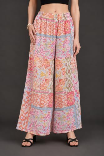 Image of Viscose Rayon Flared Printed Plazzo Palazzo Pants, Loose /Relaxed Fit Regular, Office Wear, Casual Wear Comfortable, Trouser Pants for Girls & Women Black Kerri Design (S to 3XL Size)