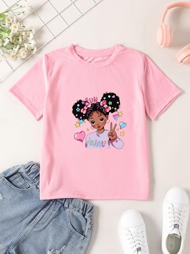 Image of Cute Cartoon Girl Print Short Sleeve T-Shirt Pink