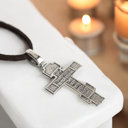 925 Sterling Silver Orthodox Cross Necklace for Men Women - Handmade Crucifix Jesus Christ Pendant with Christian Prayer - Unique Religious Jewelry Gift3