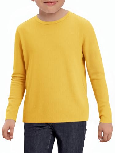 Haloumoning Boys Ribbed Long Sleeve Shirts Kids Casual Crewneck Solid Tops Tees 5-14 Years
