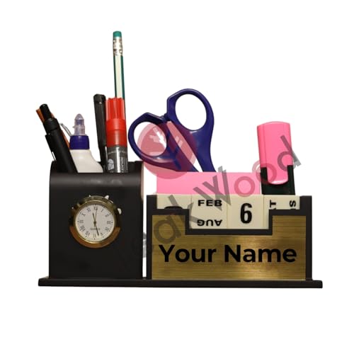 Image of Personalized Gold Pen Stand With Name, Table Watch, Calendar, Stationery & Wooden Desk Organizer - Custom Corporate Gift For Doctors, Office, Study, New Year Gift For Employees (Pen with stand)