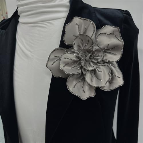Image of Fabric Rhinestone Flower Big Brooch Lapel Pins for Women Elegant Crystal Floral Brooches Pin for Dresses Suit Accessories Jewelry Boutonniere Corsage Wedding Party 5.5in