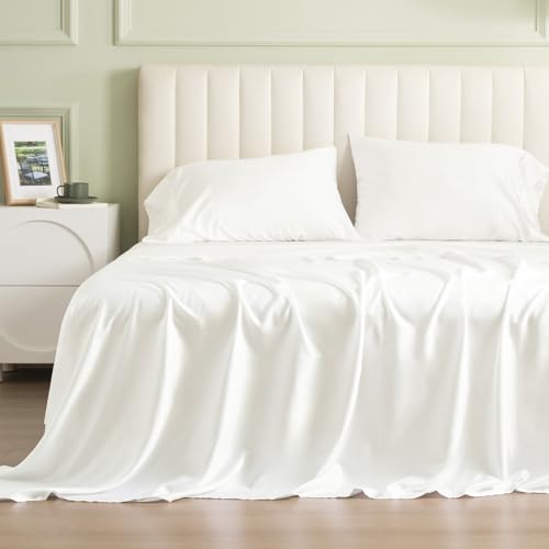 PHF Soft Tencel Lyocell Sheet Set Queen Size for Hot Sleepers, 4 Pieces Silky and Breathable Eucalyptus Bed Sheets with Deep Pocket, Luxury Bedding Set for All Season, White