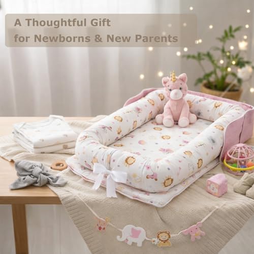 Image of Baby Lounger for Tummy Time Portable,Baby Play mat with Strap,Newborn Lounger Inner Zipper for Boys Girls 0-24 Months,Animal World Pink