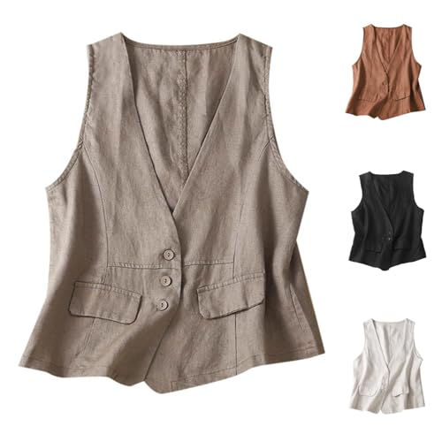 JiXiang Womens Vest Top Button Down Sleeveless V Neck Lightweight Business Jacket Waistcoat Linen Vintage Outerwear W/Pockets
