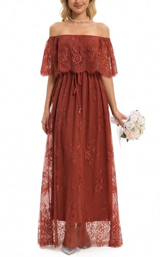 Image of HOYISHION Women's Off The Shoulder Floral Lace Maxi Dress White Bridesmaid Wedding Party Maternity Photoshoot Long Dresses