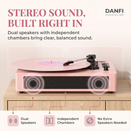 Image of Vinyl Record Player 3 Speeds with Speakers, Bluetooth, USB Recording,Pink | Built-in stereo speakers, Digital display,USB /TF recording and playback, Shortcuts, auto stop, RCA output, AUX input, EQ