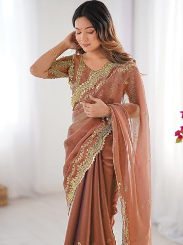 Image of Satrani Women's Shimmer Chiffon Sequins Embroidery Saree with Unstitched Blouse Piece