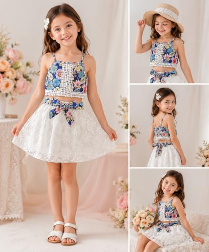 Image of TAGAS Girls Girls Floral Crop Top and White Lace Skirt Set - Summer Sleeveless 2-Piece Outfit with Bow Belt - Casual Party Dress for Kids