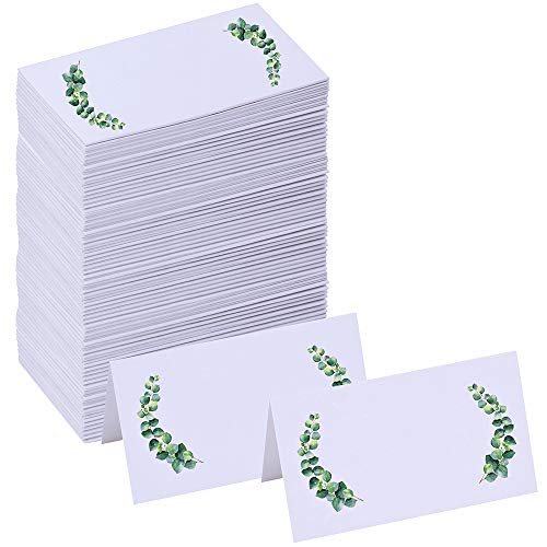 Winlyn 100 Pcs Table Name Place Cards Bulk White Blank Place Cards Floral Greenery Eucalyptus Tented Place Cards Seating Assignment Escort Cards - 3.5